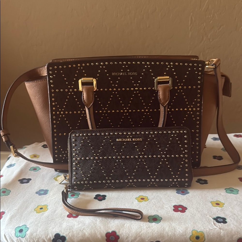 Michael Kors Brown Satchel with Perforated Design